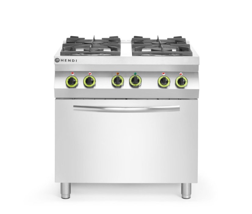 Plynový sporák se 4 hořáky a konvektomatem GN 1/1, HENDI, Kitchen Line, 230V/3000W, 19kW, 800x722x(H)900mm