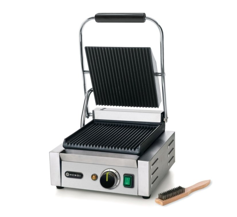 Kontaktní gril - single verze, HENDI, horní i spodní část vroubkovaná, 230V/1800W, 310x375x(H)216mm