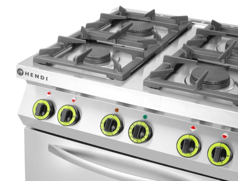Plynový sporák se 4 hořáky a konvektomatem GN 1/1, HENDI, Kitchen Line, 230V/3000W, 19kW, 800x722x(H)900mm