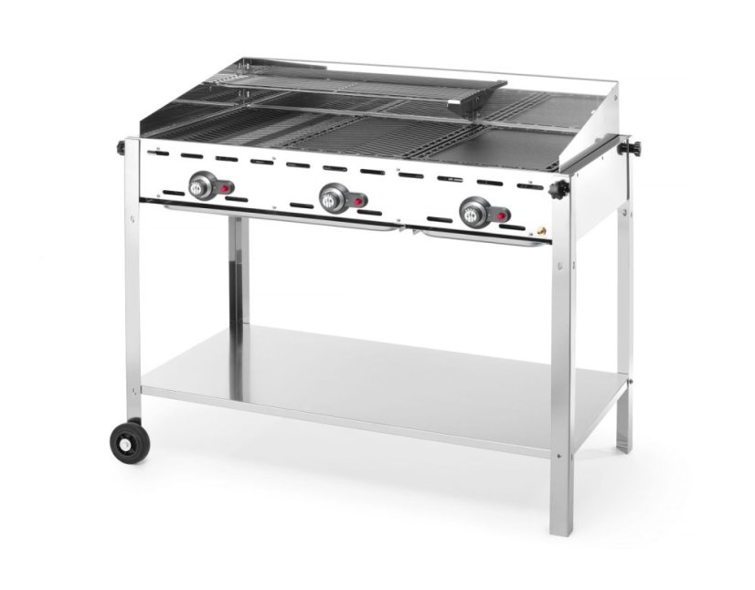 Plynový gril Green Fire 3 hořáky, HENDI, Profi Line, Vybaveno spodní policí a kolečky., 17,4kW, 1078x612x(H)825mm