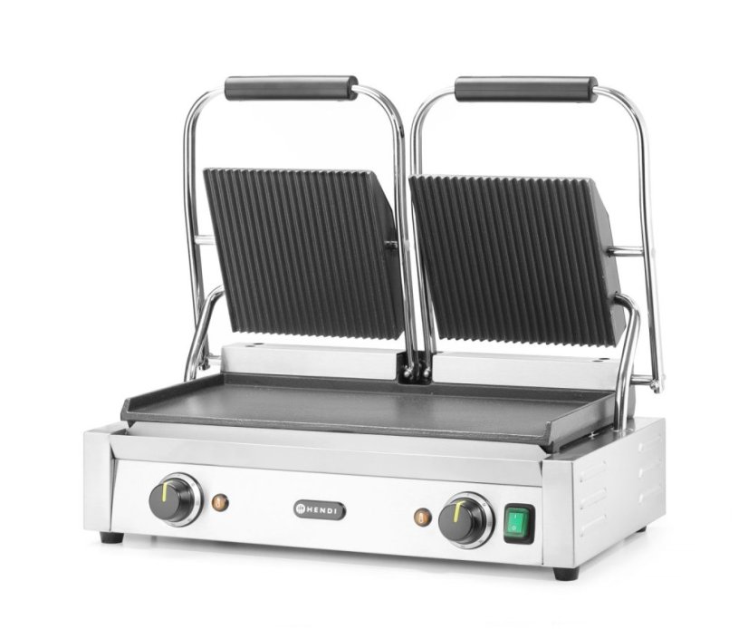 Kontaktní gril - double verze, HENDI, vroubkovaná horní, hladká spodní část, 230V/3600W, 570x375x(H)216mm