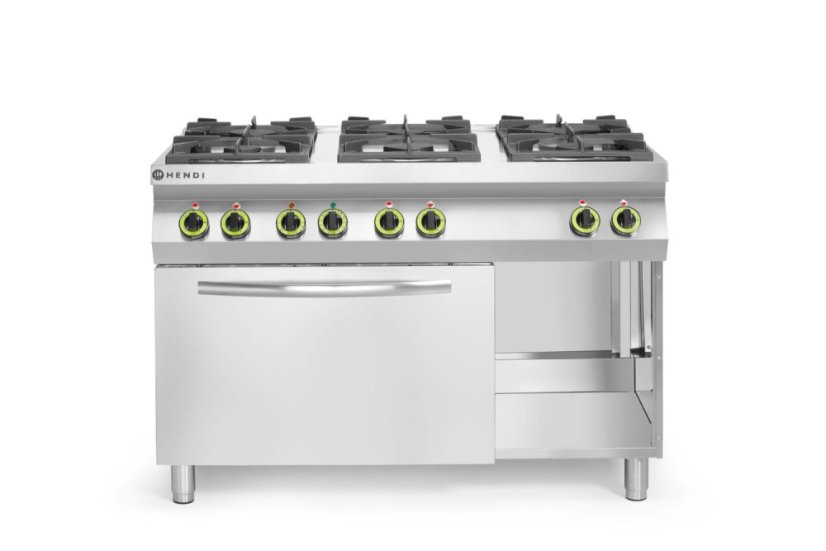 Plynový sporák Kitchen Line 6 hořáků s konvektomatem GN 1/1, HENDI, Kitchen Line, 230V/3000W, 28,5kW, 1200x722x(H)900mm