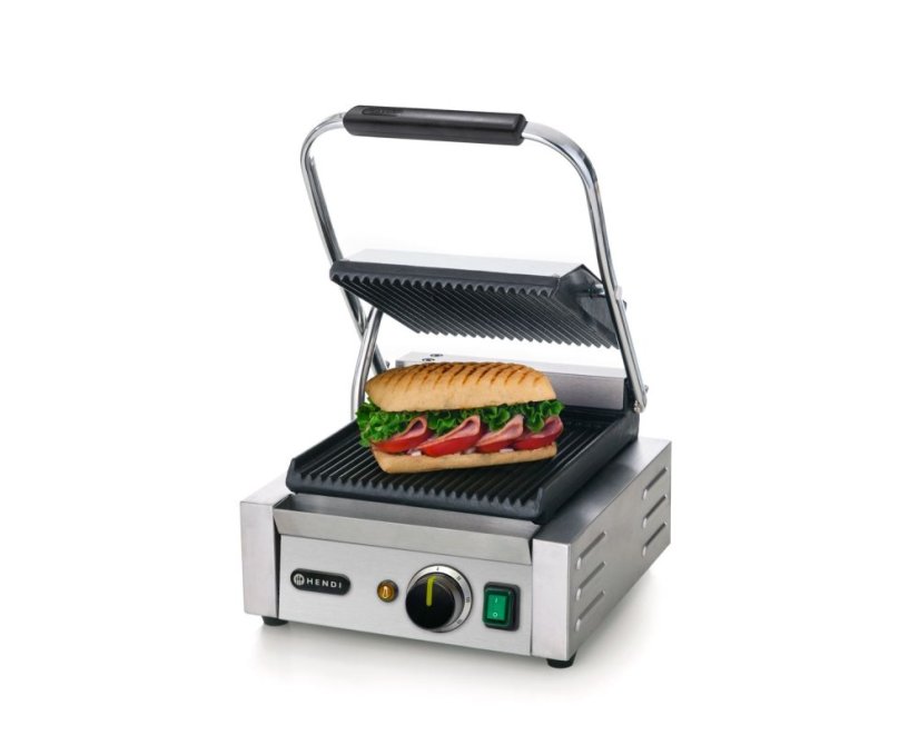 Kontaktní gril - single verze, HENDI, horní i spodní část vroubkovaná, 230V/1800W, 310x375x(H)216mm