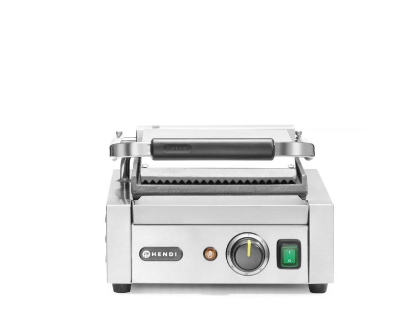 Kontaktní gril - single verze, HENDI, vroubkovaná horní, hladká spodní část, 230V/1800W, 310x375x(H)216mm