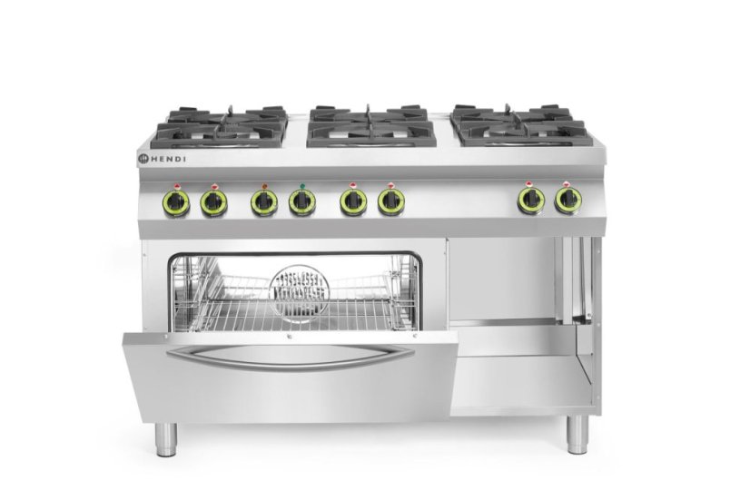 Plynový sporák Kitchen Line 6 hořáků s konvektomatem GN 1/1, HENDI, Kitchen Line, 230V/3000W, 28,5kW, 1200x722x(H)900mm