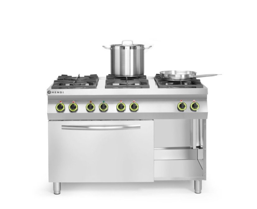 Plynový sporák Kitchen Line 6 hořáků s konvektomatem GN 1/1, HENDI, Kitchen Line, 230V/3000W, 28,5kW, 1200x722x(H)900mm