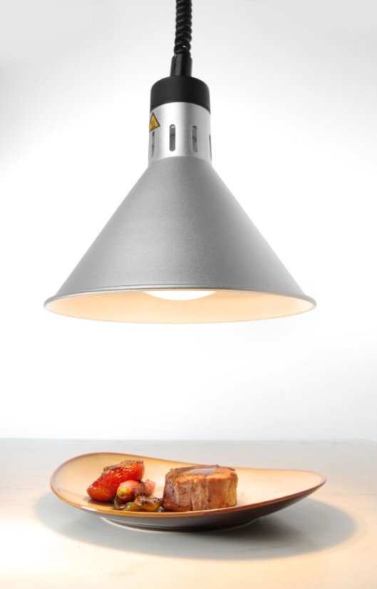 Závěsná výhřevná lampa s nastavitelnou výškou, kuželová, HENDI, Stříbrná, 230V/375W, ⌀275x(H)250mm