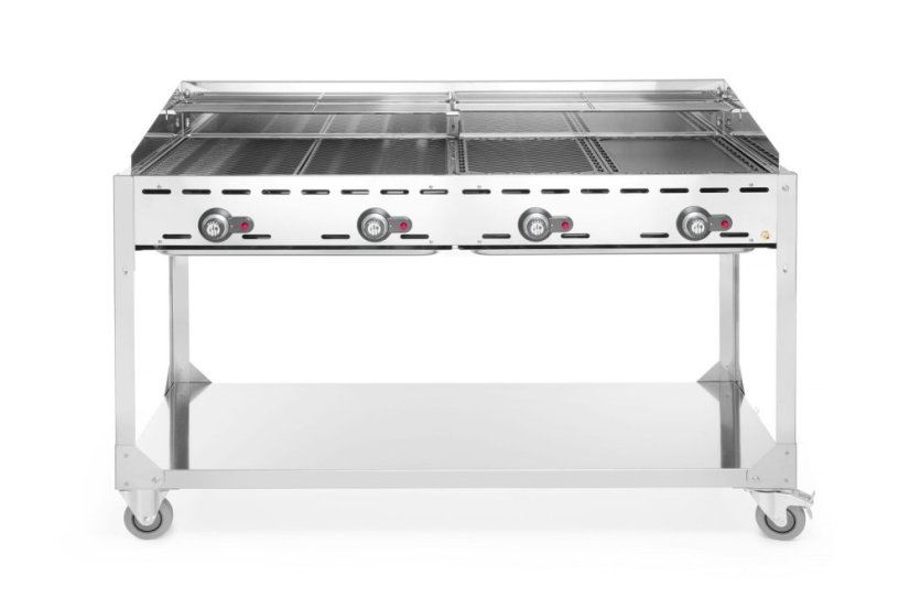 Plynový gril Green Fire 4 hořáky, HENDI, Profi Line, na kolové základně, Světle šedá, 22kW, 1400x612x(H)825mm