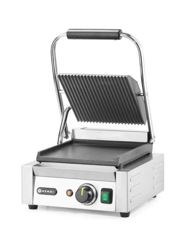Kontaktní gril - single verze, HENDI, vroubkovaná horní, hladká spodní část, 230V/1800W, 310x375x(H)216mm