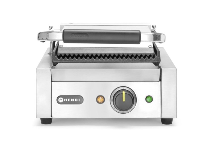 Kontaktní gril - single verze, HENDI, horní i spodní část vroubkovaná, 230V/1800W, 310x375x(H)216mm