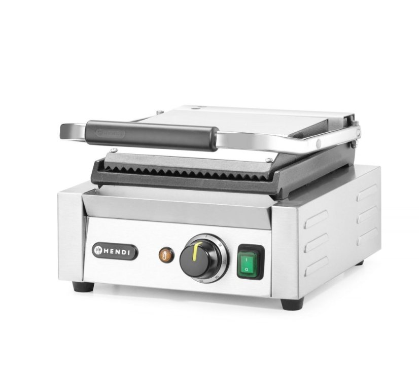 Kontaktní gril - single verze, HENDI, vroubkovaná horní, hladká spodní část, 230V/1800W, 310x375x(H)216mm