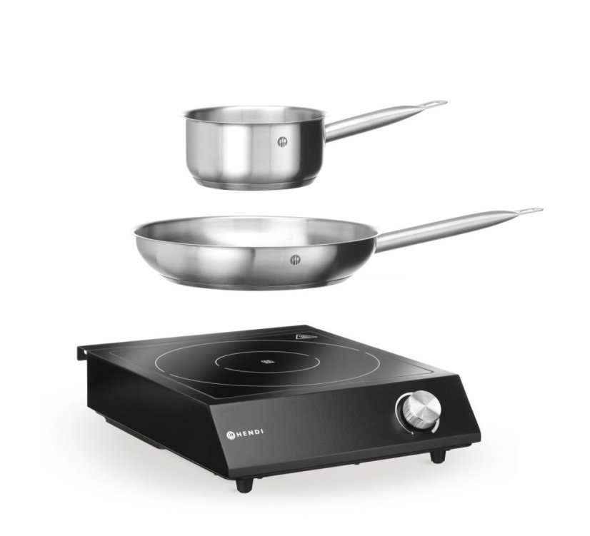 Sada: Indukční vařič 3500W + pánev + pánev na smažení, HENDI, Černá, 230V/3500W, 320x395x(H)95mm