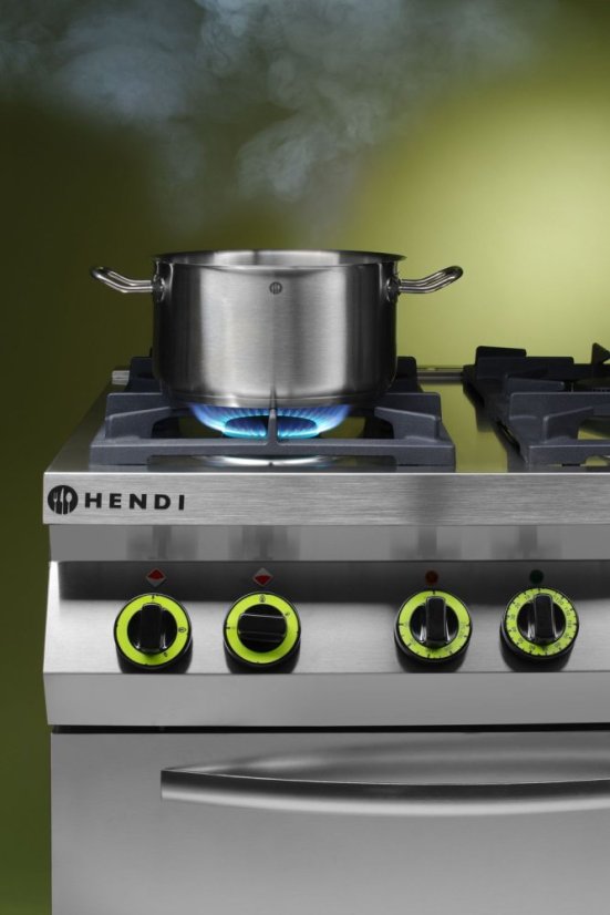 Plynový sporák se 4 hořáky a konvektomatem GN 1/1, HENDI, Kitchen Line, 230V/3000W, 19kW, 800x722x(H)900mm