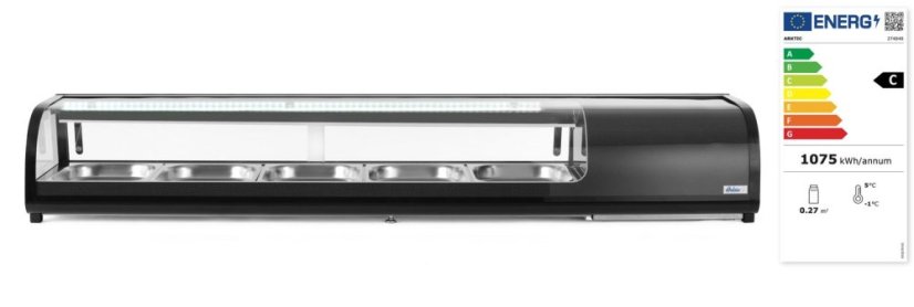 Stojan na Sushi, Arktic, Kapacita: 5x GN 1/2 (V)40 mm (včetně nádob)., Černá, 220-240V/190W, 1800x420x(H)265mm