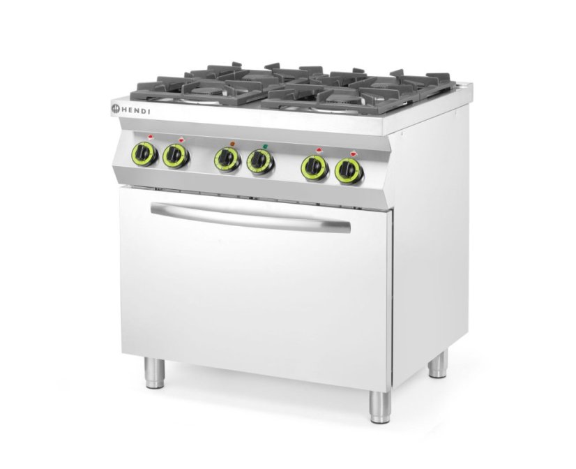 Plynový sporák se 4 hořáky a konvektomatem GN 1/1, HENDI, Kitchen Line, 230V/3000W, 19kW, 800x722x(H)900mm