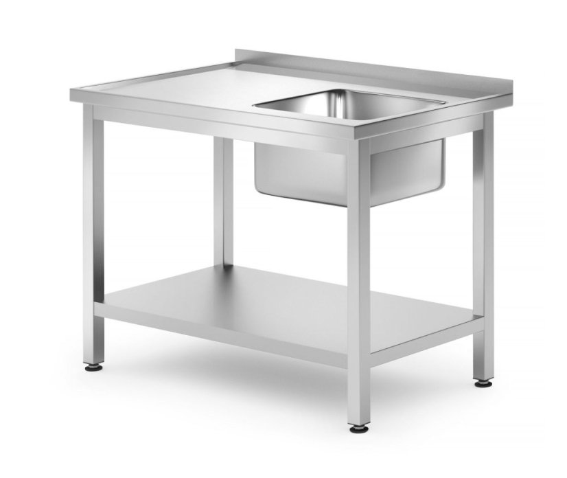 Dřezový stůl s policí – šroubovaný, hloubka 700 mm, HENDI, Profi Line, vpravo, 1000x700x(H)850mm