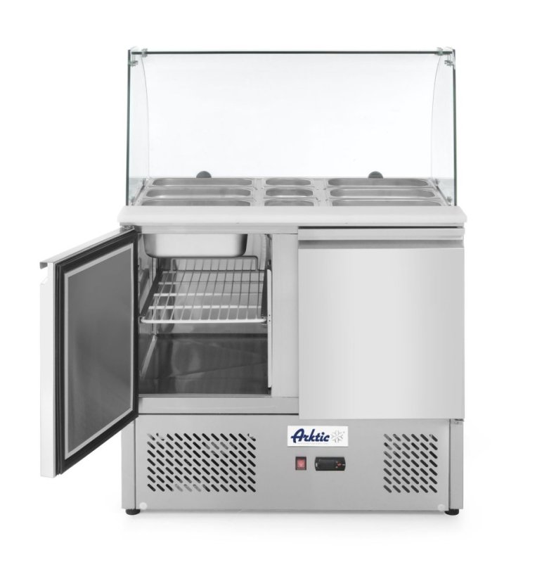 Dvoudveřový chlazený salátový stůl se skleněným nástavcem, Arktic, 169L, 230V/310W, 700x900x(H)1300mm Dvoudveřový chlazený salátový stůl se skleněným nástavcem, Arktic, 169L, 230V/310W, 700x900x(H)1300mm