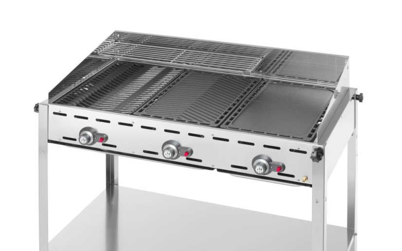Plynový gril Green Fire 3 hořáky, HENDI, Profi Line, Vybaveno spodní policí a kolečky., 17,4kW, 1078x612x(H)825mm