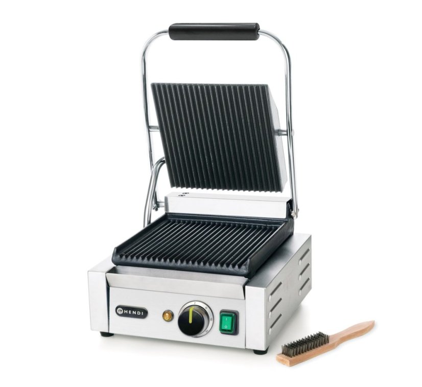 Kontaktní gril - single verze, HENDI, horní i spodní část vroubkovaná, 230V/1800W, 310x375x(H)216mm